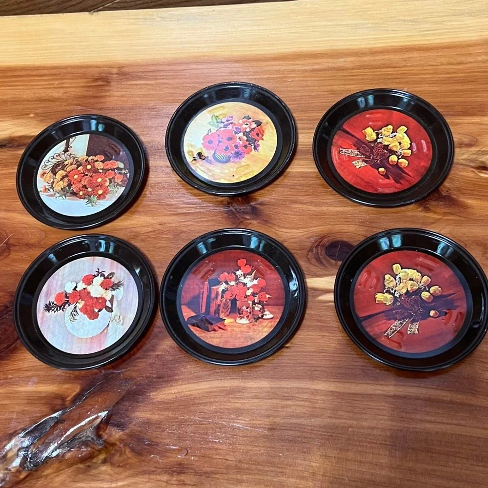Vintage Tin Floral Drink Coasters Set of 6 Retro Flower Prints Metal Kitsch‎